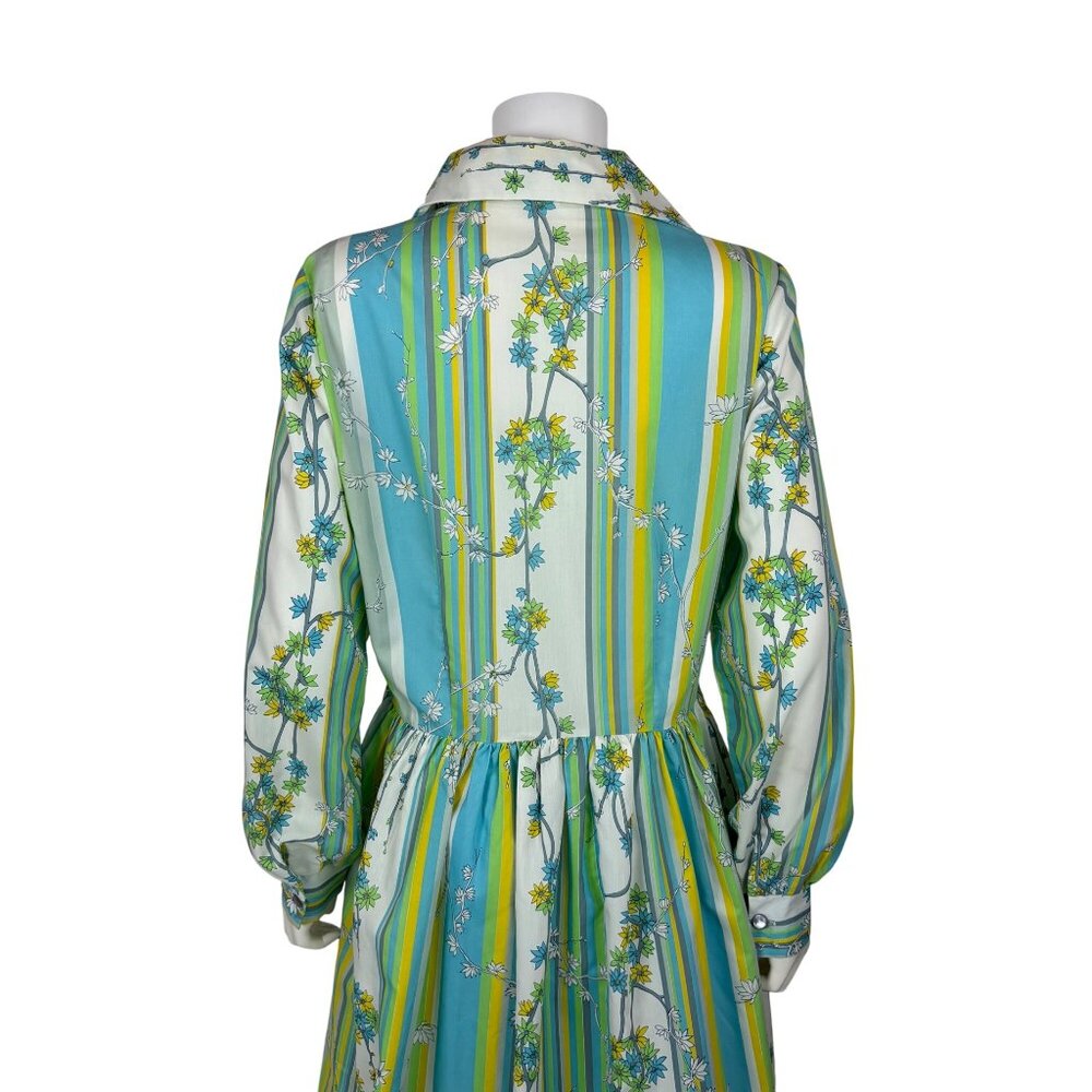 Vintage 60s Striped Dress Womens Large Blue Green Colorful Spring Shirtdress - Picture 9 of 13